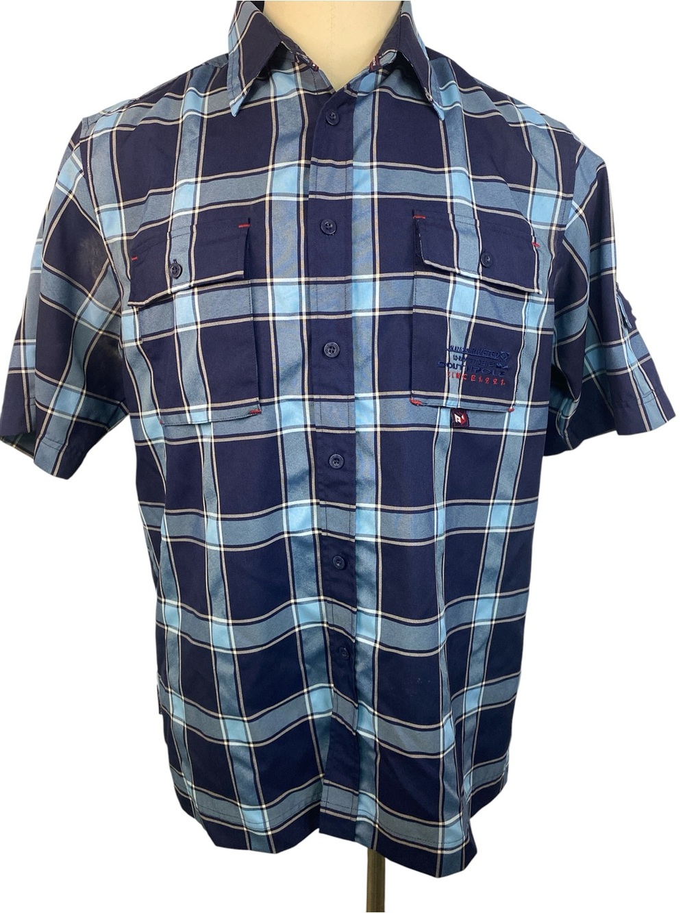 South Pole Navy Blue Plaid Short-Sleeve Button-Up Shirt Men’s Large
